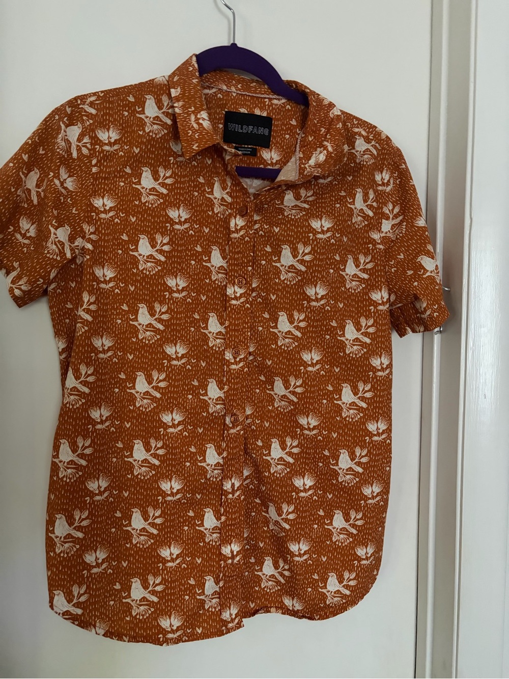 Wildfang Rust Orange Short-Sleeve Bird Print Button-Up Shirt